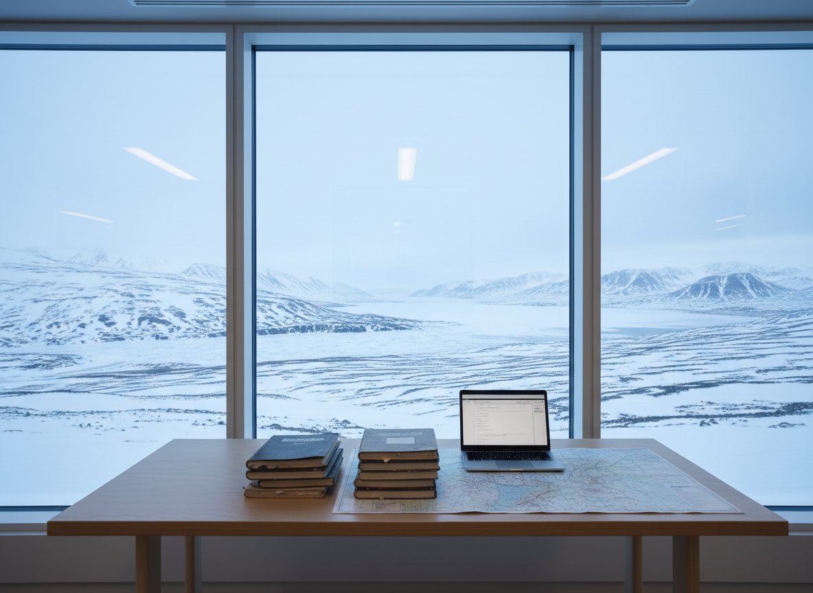A minimalist interior study space inside a Longyearbyen campus building, featuring a simple birch-wood desk positioned near a large triple-glazed window that looks out onto a windswept, snow-covered landscape. On the desk lies an open laptop, a stack of well-used field notebooks, and a detailed Arctic map, all neatly arranged without signs of human presence. Soft polar daylight filters through the window, casting a cool, bluish tone across the scene and subtle reflections on the glass. Shot from a slightly elevated angle with a shallow depth of field that keeps the desk sharp while gently blurring the dramatic snowy mountains outside, the mood is focused, quiet, and introspective, capturing the balance between study and the vast Arctic surroundings in clean, photographic realism.
