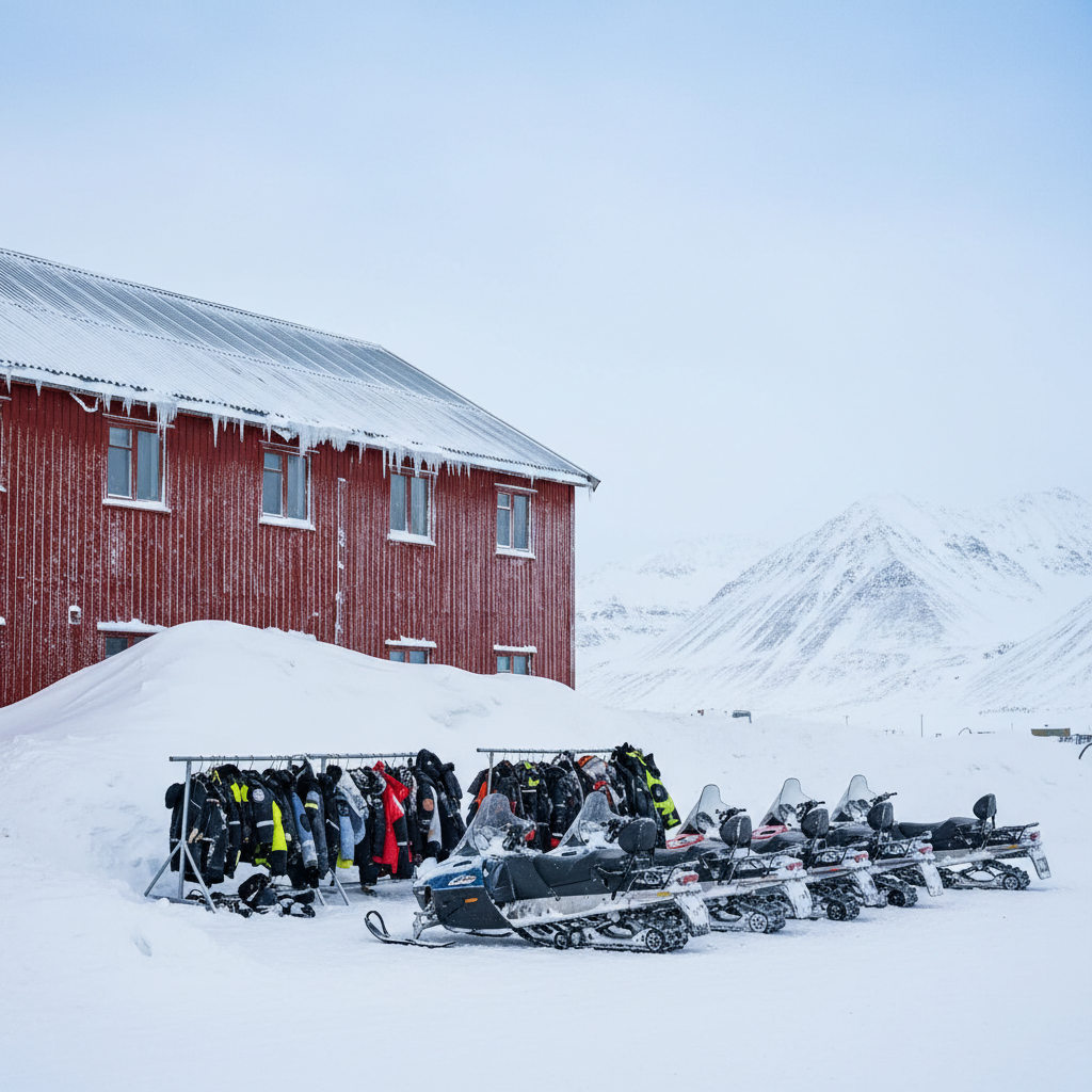 A sturdy, weathered wooden research building on the University Centre in Svalbard campus, its deep red facade and metal roof half-buried in snowdrifts, standing against a backdrop of white mountains and a pale blue Arctic sky. Outside the building, snowmobiles are neatly parked in rows, partially covered in frost, and a few metal racks hold bulky Arctic gear, all devoid of users. Soft, overcast daylight creates diffused, shadowless lighting that emphasizes textures in the snow and wood. Photographed at eye level with a balanced, rule-of-thirds composition, the image has a calm, studious atmosphere, conveying a serious yet adventurous academic environment in photographic realism for an exchange-focused blog post about campus life.