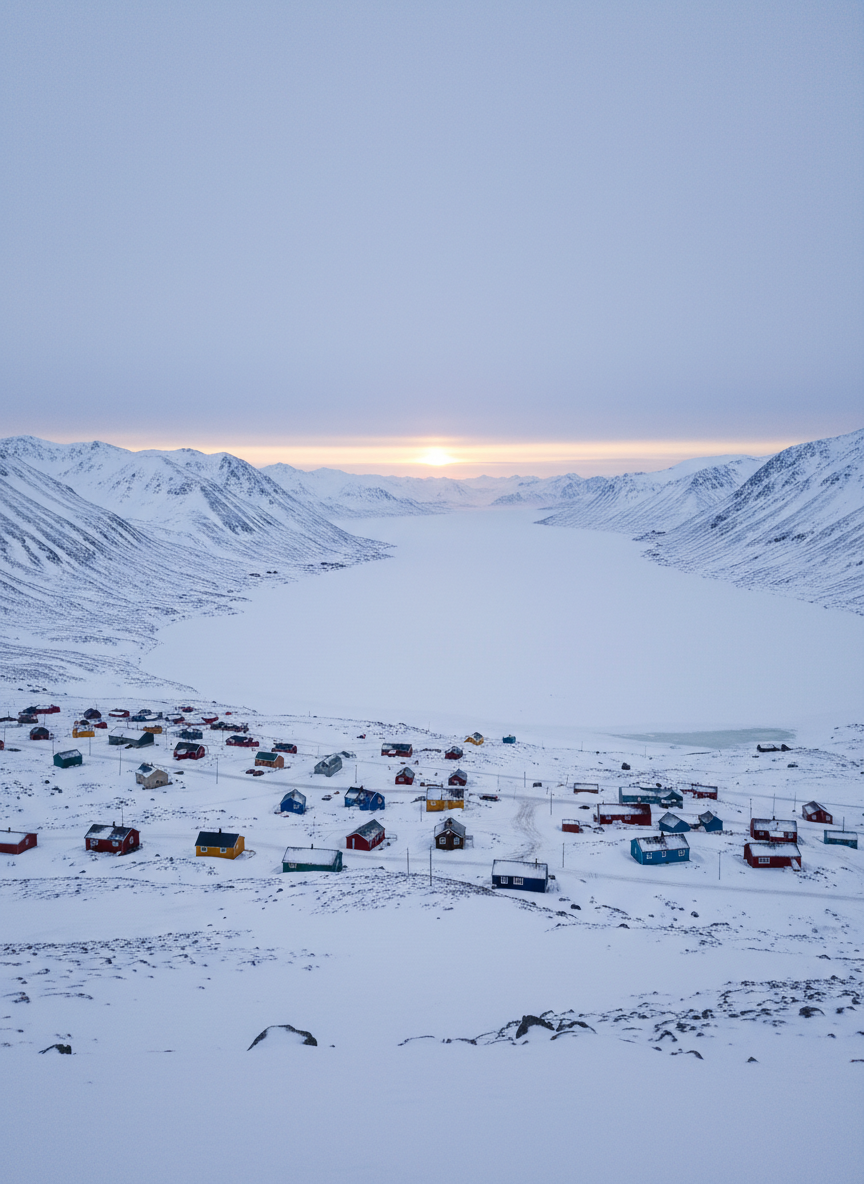A wide panoramic photographic view of Longyearbyen nestled between snow-covered mountains and a frozen fjord, captured in crisp winter clarity. Colorful wooden houses in red, blue, and yellow dot the slope, their sharp lines contrasting with the soft, untouched snow. The low Arctic sun hangs just above the horizon, casting a pale golden band across the sky and creating long, delicate shadows on the ground. Shot from an elevated vantage point with sharp focus throughout, the composition follows the fjord into the distance, suggesting the remoteness of the Arctic. The mood is serene, contemplative, and slightly otherworldly, with realistic detail and a clean, documentary-style aesthetic suitable for a professional exchange blog header image.